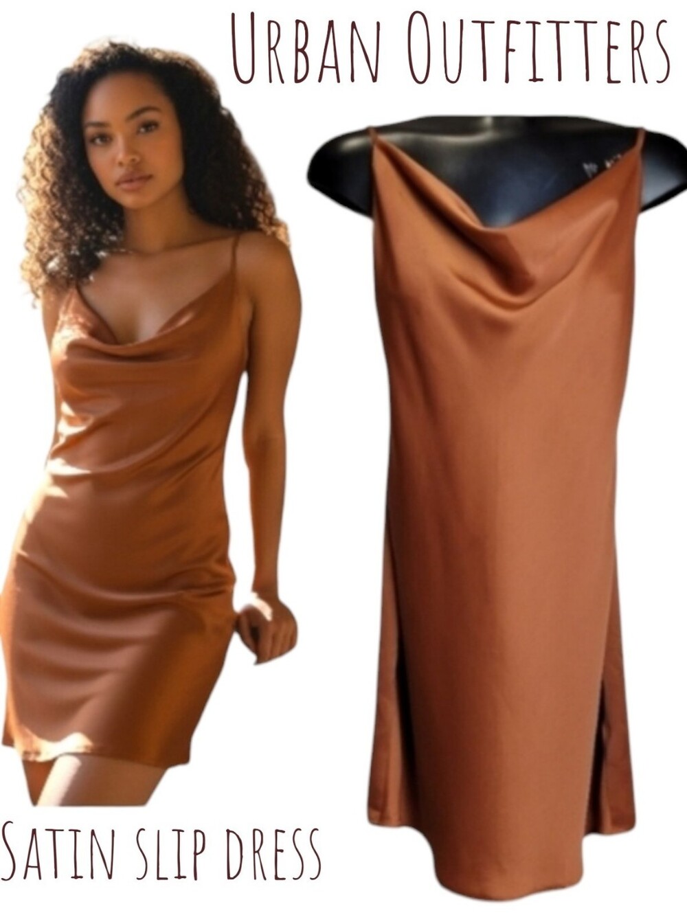Urban Outfitters Women's Satin Mallory Cowl Neck mini slip dress copper brown M